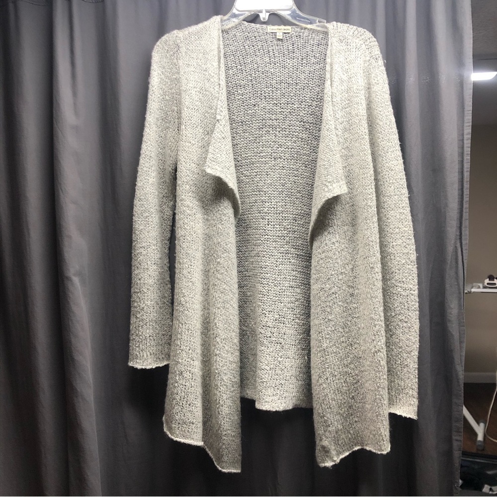 Calvin Klein light grey heathered knit cardigan, size small.